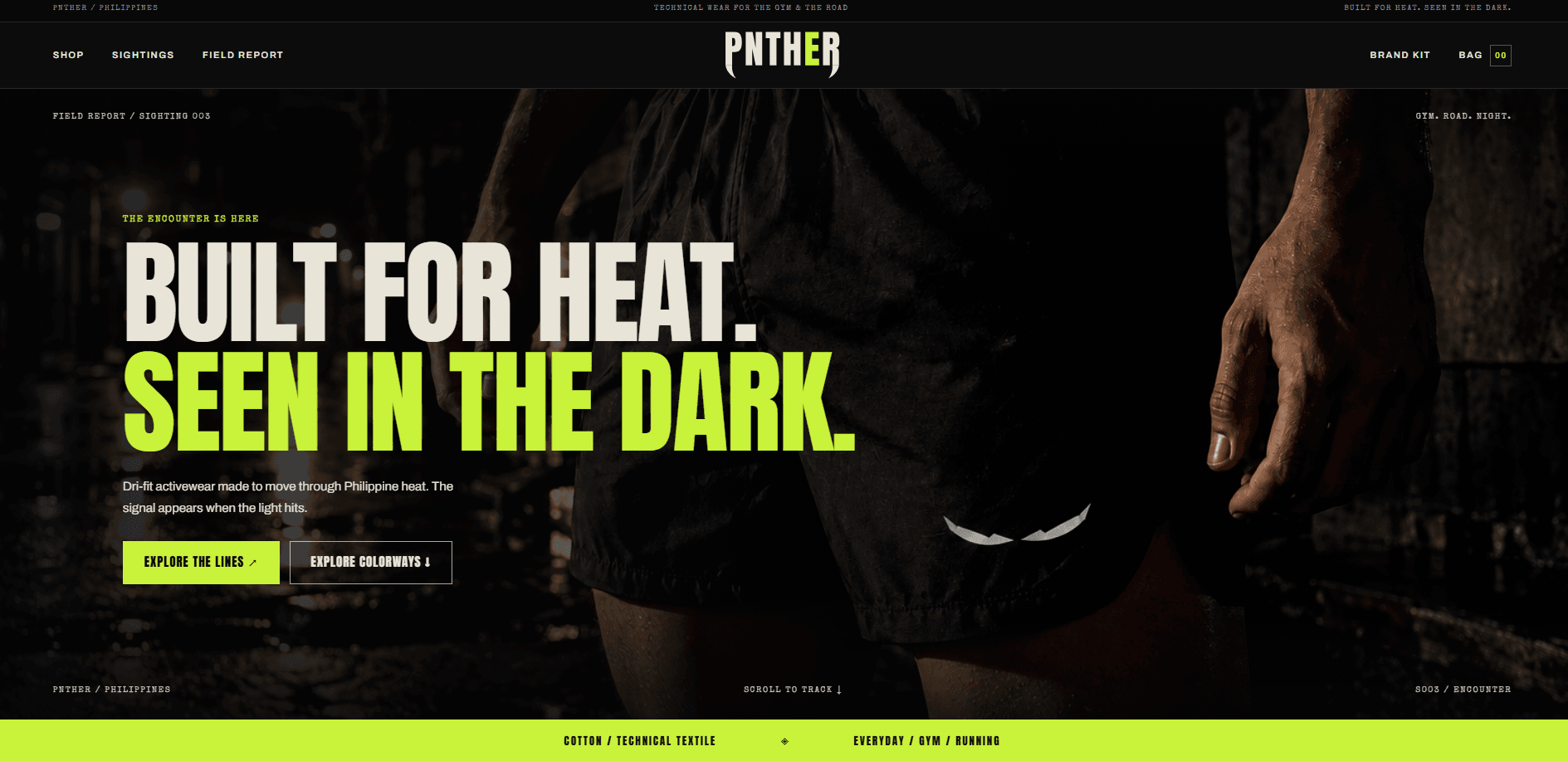 PNTHER website with a dark campaign photograph and bold lime headline